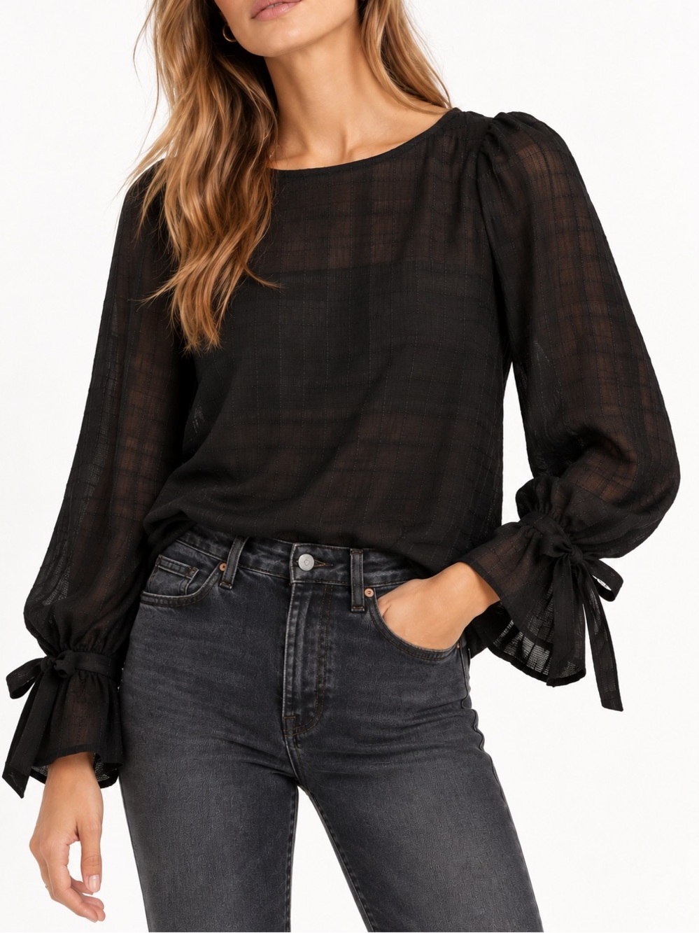 FRAME Black Textured Plaid Puff Sleeve Tie Cuff Blouse